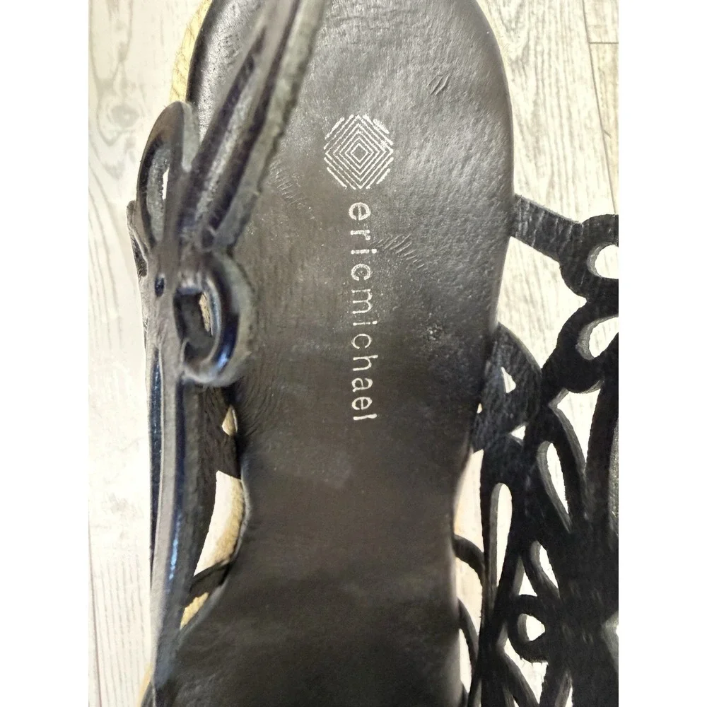 Eric Michael Jillian‎ Black Floral Leather Upper Rope Wedge Heels 9/9.5 EU40 EUC